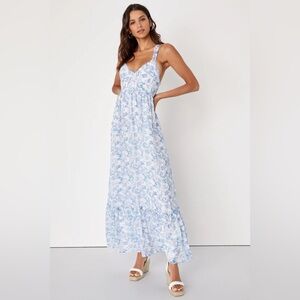 ‎Lulus My Love Story White Blue Purple Floral Tie-Back Maxi Dress Size Medium